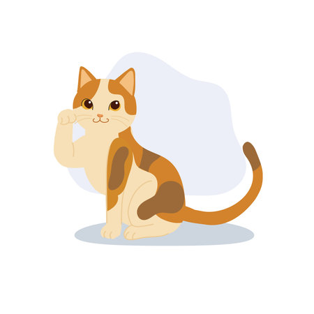 a sitting calico cat with one paw raised. kawaii calico cat waving paw adorable petのイラスト素材