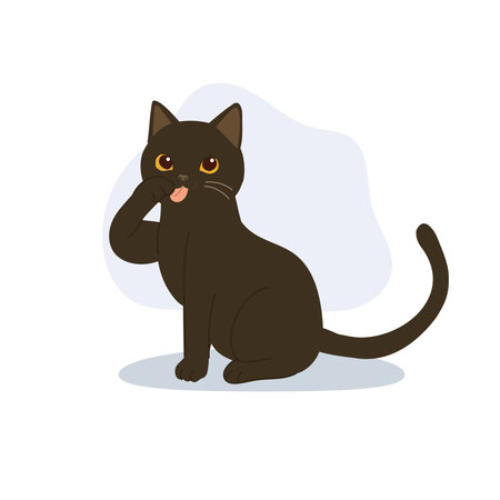 a cute black cat licking its paw. adorable kitten grooming itself. representing calm feline behavior and everyday pet life momentsのイラスト素材
