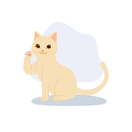 adorable beige cat waving paw in flat minimalist style to express good luck and friendliness inspired by maneki neko symbolism perfect for design or printのイラスト素材