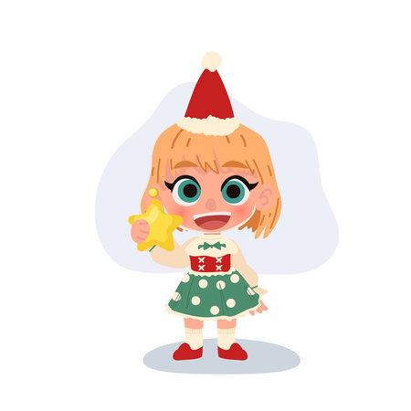little girl with golden star during festive season ideal for new year holiday decor. christmas illustrationのイラスト素材