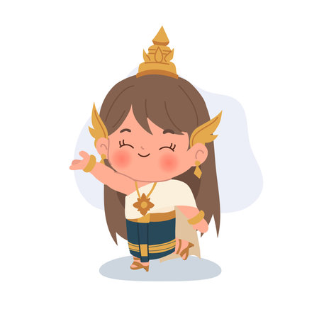 Cute thai dancer character in cultural outfit showing classical dance pose in charming kids illustration styleのイラスト素材