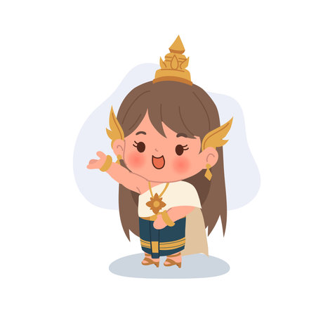 A cute Thai girl illustrated in traditional costume, showing cultural style from Thailandのイラスト素材