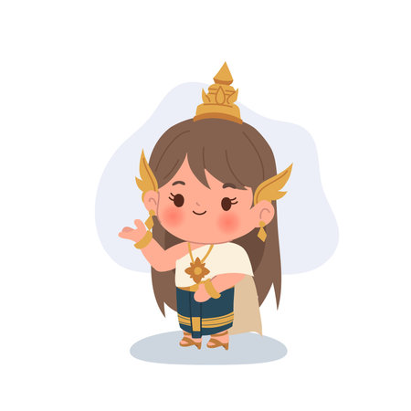 A cute chibi Thai girl wearing a traditional costume and gold accessories shown in a friendly greeting poseのイラスト素材