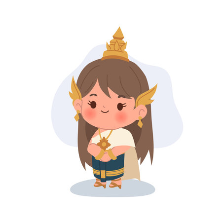 chibi style thai character in traditional dress. thailand culture chibi girl character cute asianのイラスト素材