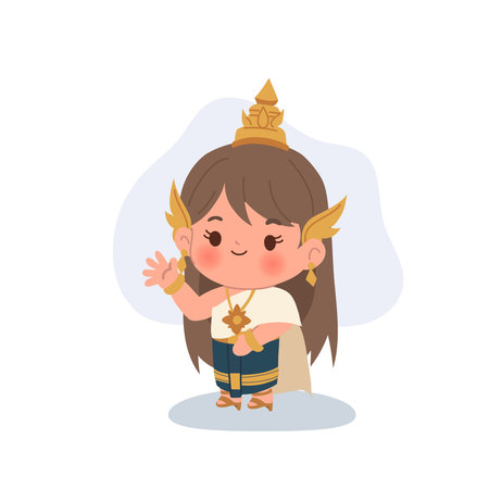 An adorable Asian girl in classic Thai dress waving warmlyのイラスト素材