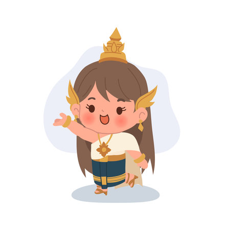 thai traditional dancer chibi style asian girl character in cultural costumeのイラスト素材