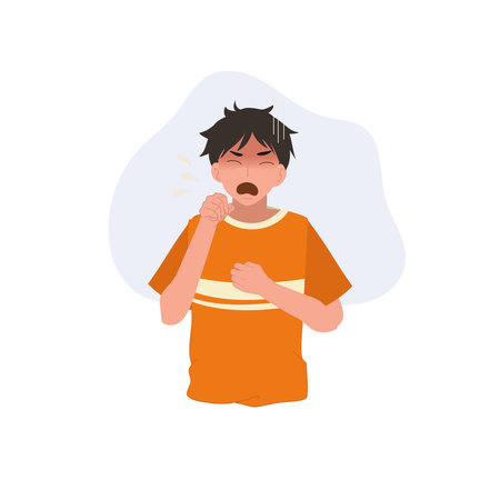 cough symptom and respiratory illness concept. young adult man coughing with chest discomfortのイラスト素材