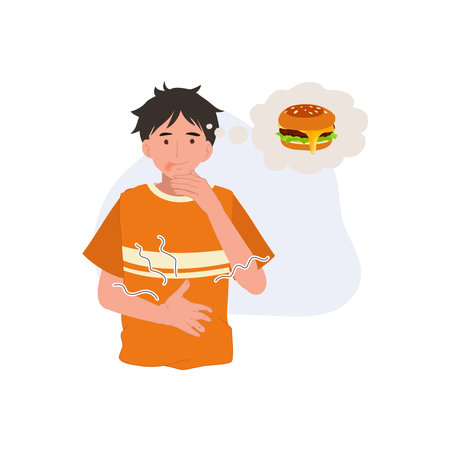 young man experiencing stomach ache and hunger while thinking about a burgerのイラスト素材