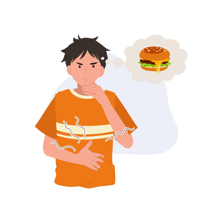 young man with stomach pain holding his abdomen while thinking about a burgerのイラスト素材