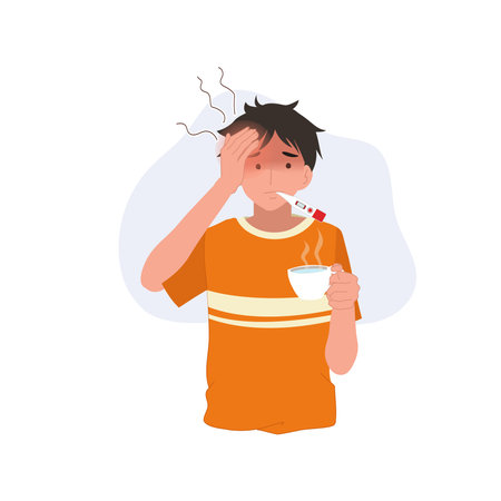 a sick man checking fever with a thermometer while holding a hot drink. flu symptoms and illness concept.のイラスト素材