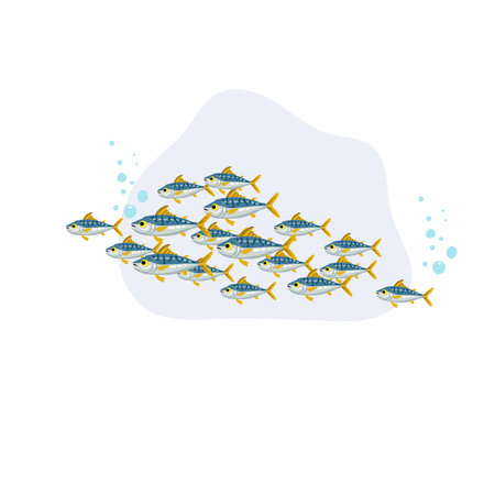 fish school swimming together. llustration of ocean life. A group of small fish swimming together underwater in the oceanのイラスト素材