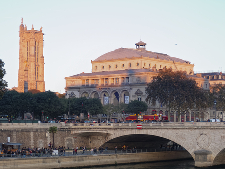 City Theater (Theatre de la Ville) and Saint Jacques Tower, Chatelet quarter - Paris, Franceのeditorial素材