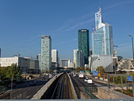 9 OCT 2018 - View from  Neuilly bridge ('Pont de Neuilly') to La DÃ©fense towers and skyline - Paris, Franceのeditorial素材