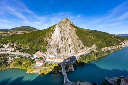 Sisteron, Alps, france - La Baume rock and the bridge over Durance riverの写真素材