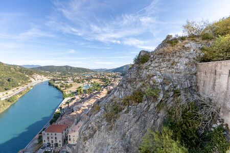 Sisteron, Alps, france - View to the city and the Durance river from the Citadelの写真素材