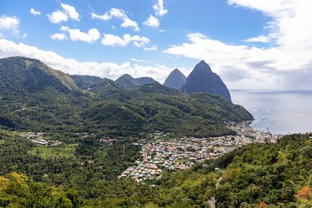 Soufriere, Saint Lucia, West Indies - View to the city and the Pitonsの写真素材