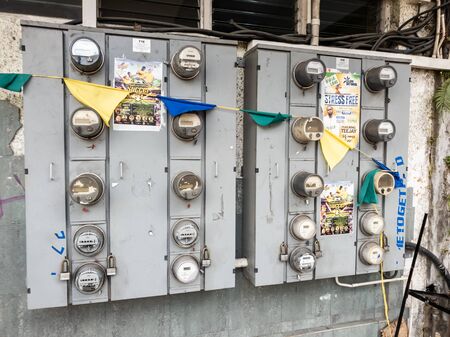 10 JAN 2020 - Kingstown, Saint Vincent and the Grenadines - Power meters in the street for all the buildingのeditorial素材