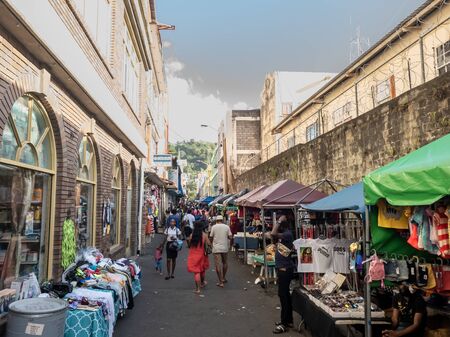 10 JAN 2020 - Kingstown, Saint Vincent and the Grenadines - Street vendors stalls in a shopping streetのeditorial素材