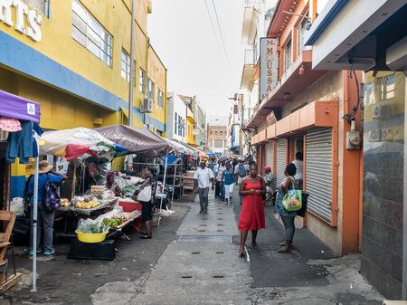 10 JAN 2020 - Kingstown, Saint Vincent and the Grenadines - Street vendors stalls in a shopping streetのeditorial素材