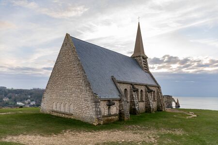 Etretat, Normandy, France - The church at the top of the northern cliff ('Amont' cliff)の写真素材