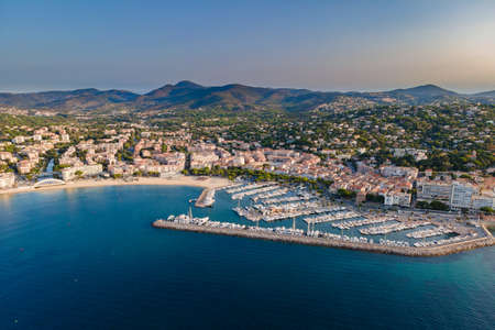 Aerial view of Sainte-Maxime harbor in French Riviera (South of France)の写真素材