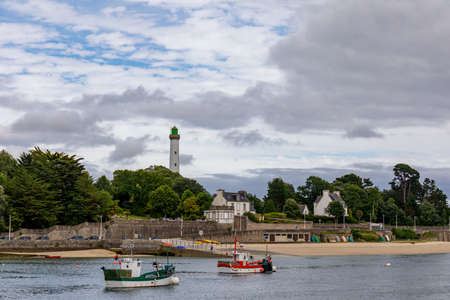 Benodet beach and lighthouse, Finistere, Brittany, Franceのeditorial素材