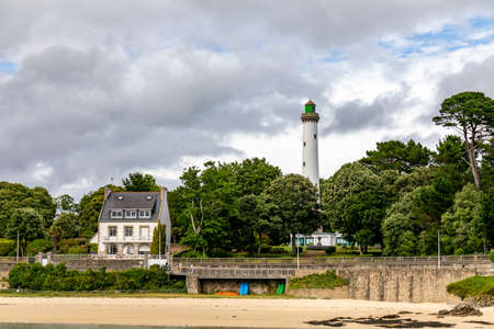 Benodet beach and lighthouse, Finistere, Brittany, Franceのeditorial素材