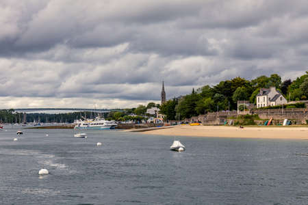Benodet beach, the church and the bridge, Finistere, Brittany, Franceのeditorial素材