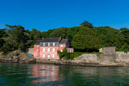 The pink house, famous landmark in the entrance of Vannes Harbor, Gulf of Morbihan, Brittany, Franceのeditorial素材