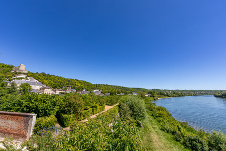 The village of La Roche-Guyon over the Seine river, Val d'Oise, Franceの写真素材