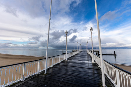 Lamp post on Thiers Pier in Arcachon, Aquitaine, Franceの写真素材