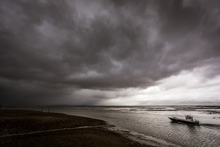 Boat leaving Larros Harbor in Arcachon Bay - Gujan-Mestras, Aquitaine, Franceの写真素材