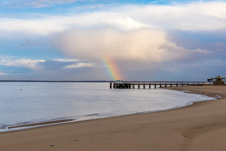 Rainbow over Eyrac Pier in Arcachon, Aquitaine, Franceの写真素材
