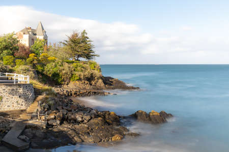 Saint-Quay-Portrieux waterfront (long exposure), Cotes d'Armor, Brittany, Franceの写真素材