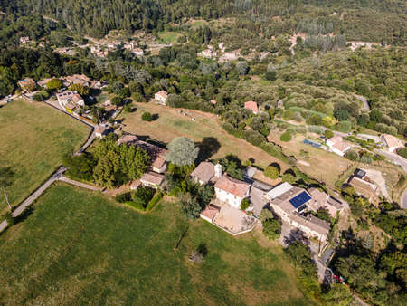 Aerial view of the village of Soudorgues in the Cevennes mountains (South of Massif Central, France)の写真素材