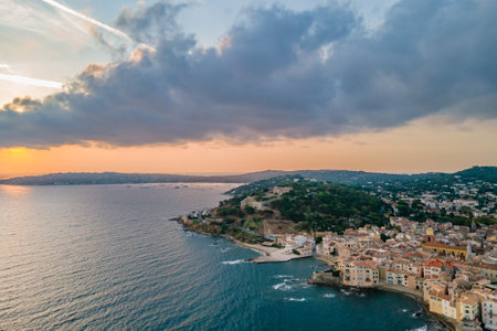Sunrise over Saint-Tropez village and its citadelle in French Riviera (South of France)のeditorial素材