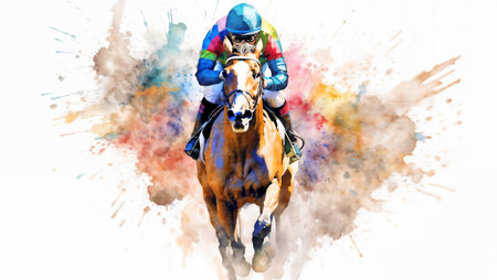 Horse and jockey on gallop with splashes of watercolorの素材