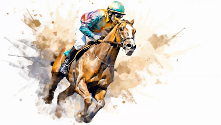 Horse and jockey on a race, watercolor painting.の素材