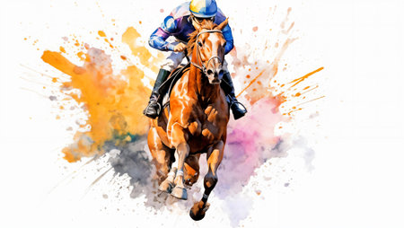 Jockey riding a race horse with colorful splashes on a white backgroundの素材