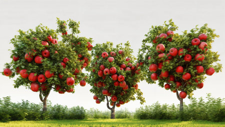 apple tree with red apples on the field. 3d illustration.の素材