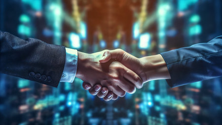 Close up of two businesspeople shaking hands against abstract glowing city backgroundの素材