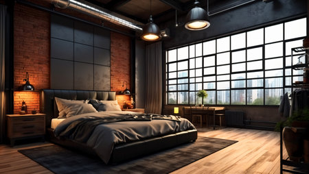 3d rendering of modern bedroom in loft style with brick wall.の素材