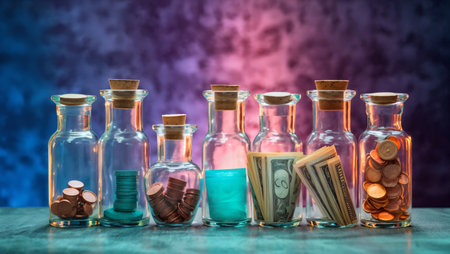 Conceptual image of money in a glass bottles on dark backgroundの素材