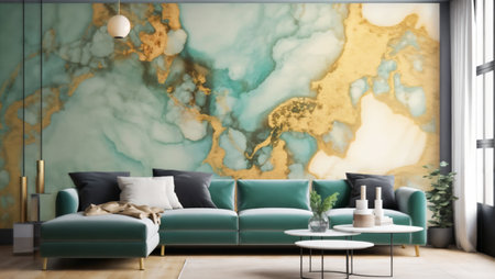 Interior of modern living room with yellow marble wall and sofa 3D renderingの素材