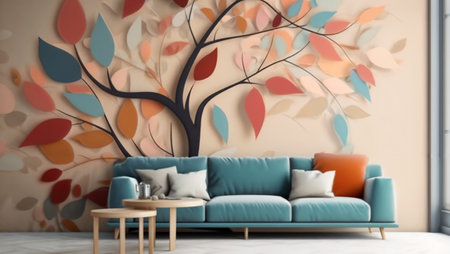 Modern living room interior with blue sofa and colorful autumn leaves. 3d renderingの素材