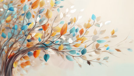Autumn tree branches with colorful leaves in soft pastel tones.の素材