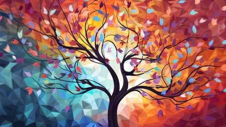 Abstract tree with autumn leaves on colorful polygonal background. Vector illustration.の素材