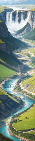 Mountain landscape with a lake and a waterfall. Panoramic viewの素材