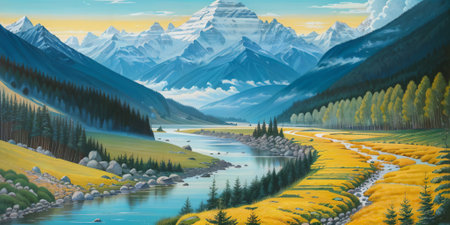Beautiful mountain landscape with river and blue sky. Digital painting.の素材