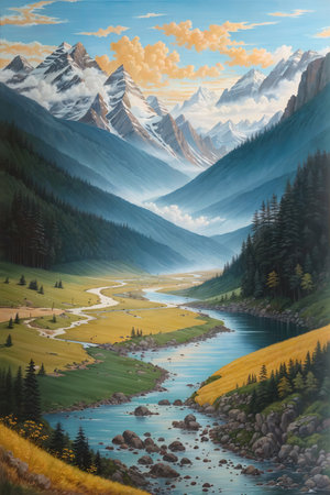 Landscape with mountain river, forest and high peaks. Digital painting.の素材